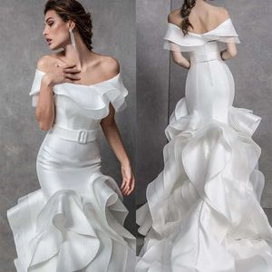Rouched Off Lingous Wedding Mermaid Bateau Dresses Design de cinto de ombro de ombro sem fundo comprimento do piso personalizado Made plado size vestido de noiva vestidos de novia