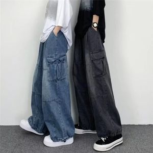 Men Denim Pants Bottoms Baggy Cargo Jeans Solid Color Relaxed Fit Mid Waist Trousers Streetwear 240426