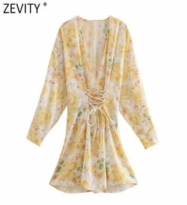 Zevity New Women Vintage V Neck Floral Print Bandage Kimono Mini Sukienka Kobieca Chic Side Long Rleeve Zipper Casual Vestido DS8297 21125061