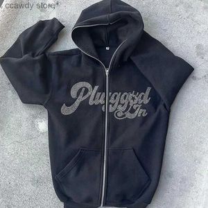 Herrtröjor tröjor hiphop Grunge Sweatshirt Korean Fashion Punk Sport Coat Pullover Rhinestone Gothic tter Long Seve Zip Hoodie Y2k Jacket Men H240507
