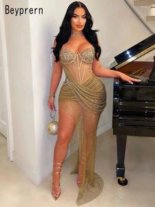 Abiti casual BeyPrern Chic Corset Crystal Twist Front Party Sparkle Nude Gold Rhinestone Fishnet Maxi Dress Birthday Outfits Clubwear