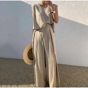 Kvinnors tvåbitar byxor Kvinnor Bomull Linne Summer ärmlös o-hals Tank Top breda benuppsättningar Kvinnliga mode Casual Solid Loose Suits 230518