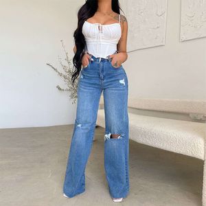 2024 jeans femininos longos cintura alta perfurada borda esfarrapada vendendo calças de perna larga confortável