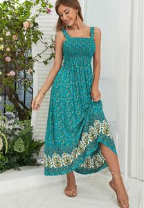 Повседневные платья Ayualin Boho Shirred vestidos green Rayon Cotton Floral Print Press для женщин Robe 2024 Безульжам Лето Лонг