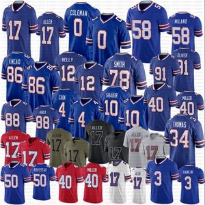 Josh Allen Matt Milano Jersey de futebol von Miller Dalton Kincaid Kelly Dawson Knox Hamlin Keon Coleman Curtis Samuel Shakir Bruce Smith Johnson Thurman Thomas