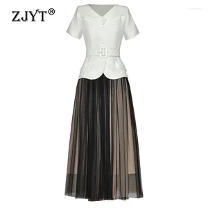 Work Dresses ZJYT Summer Two Piece Dress Sets Women Runway Designer White Belted Top And Mesh Skirt Suit Office Lady Outfit Elegant Party