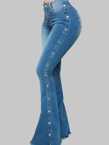 Kvinnors byxor capris jeans hög midja kvinnor byxor hög midja elastiska golv blossade byxor med solid nit design strt stil denim lång höst och vinter y240504