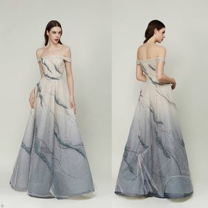 Dreamy A-Line-Abschlussballkleider außerhalb der Schulterhülse, bodenlange Spitzen Applikationen Pailletten Perlen Rüschen Promi Sexy Abendkleider plus Größe Custom Made B5031