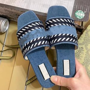 Light Blue Denim Slipper Flat Mules Luxury Slides Shoes Women's Slide Sandal Slippers Designer Sandals Beach Shoes Embroidered Striped Easy To Wear Slip-On Shoes 5.7 03