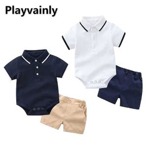 Clothing Sets Korean Style Summer Baby Boy Casual 2pcs Set White Navy Blue Polo Collar Short Sleeve Bodysuit+Shorts Children Clothes H240507