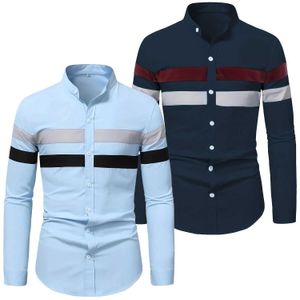 Herrklänningskjortor 2023 Ny mode Long SLE -stativ krage skjorta toppar mens 100% polter randig casual business lapptäcke klänningskjortor för män d240507