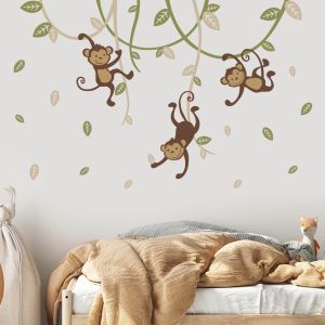 Adesivi scimmia boho appesa alle foglie di ramo giungla muro adesivo vivaio in vinile decalcomania per la camera da letto per bambini decorazioni per la casa interni