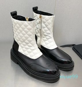 Top Quality Winter New Zip Decor Motorcycle Boot Woman patent Leather Thick Sole Short Boot Round Toe Designer Ankle boots Plaid Booties city boots