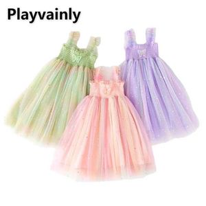 Flickans klänningar Nya sommarbarnflicka klänning barn rosa grön lila gradient måne lapp prinsessan sling mesh kläder h240507