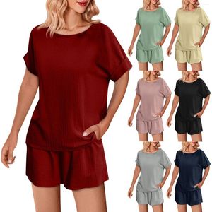 Women's T Shirts Fashion Solid Color Casual Set Loose Round Neck Top Shorts Two Pieces Official Store Womens 2 Piece Outfit