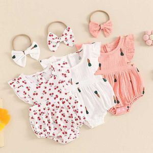 Rompers Summer Nex Baby Abbigliamento Girls Musline Cotton Linen Suit -turista con abiti da neonato a banda per capelli H240507