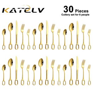 30pcs set di stoviglie di lusso 304 inossidabile coltello in acciaio forcone cucchiaio posate set elegante set di stoviglie set creatività design hangorabile 240506