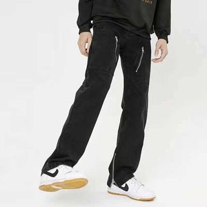 s 2023 Korean Fashion Ankle Zipper Black Hip Hop Men Jeans Cargo Pants Y2K Clothes Streetwear Straight Cotton Casual Long Trousers J240507