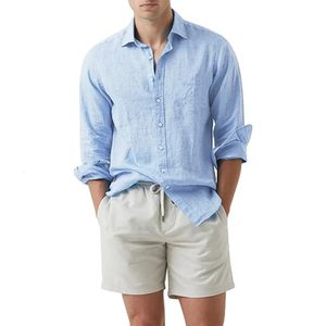 Camisa de verão as camisas de linho de algodão da praia Men Cardigan Tops de mangas compridas Turn Down Collar Slim Fit Tamanho grande 240423