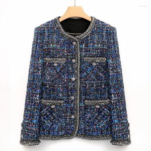 Women's Jackets High Quality Blue Luxury Small Fragrance Coat Women Round Neck Basic Fashion Beaded Long Sleeve Elegant Lady Tweed Short