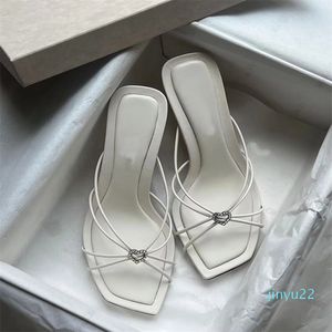 Elegant Brand Women Sandals Shoes Square Toe Nappa Leather Hearts Crystal Mule Slim Knotted Straps Ladies High Heels EU35-41 With Box