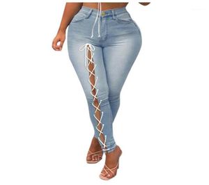 Women039s Jeans Women Button High midja Slim Band Micro Pants Hole Stitching Thread Trousers Vintage Denim Pantalon Pour Femme3097330