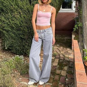Frauen Jeans Combhasaki Y2k Streetwear Langer Taille Reißverschluss Button Schließung loser gerade Hosen mit Stickbogentaschen