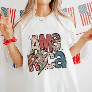 女性用Tシャツ7月4日トレンディ90年代のファッションレディースカジュアルプリントパターンTシャツ服アメリカ女性ティーショートスレッドプリントT-S D240507