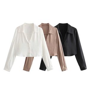 Kvinnors blusar skjortor unizera2023 Autumn and Winter New Womens Casual Versatile V-Neckline Silk Satin Texture Collar Long Sle Short Shirt D240507