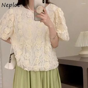 Women's Blouses Neploe Vintage Elegant 3D Floral Shirts Women Y2k Sweet O-neck Loose Blusas Mujer 2024 Summer Puff Sleeve