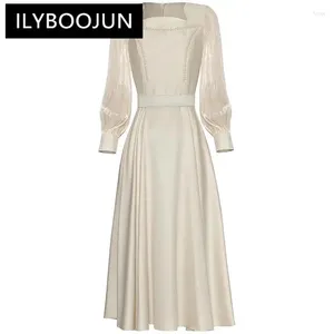 Casual Dresses Ilyboojun Fashion Women's Square-Neck Lantern Långärmad paljett Nagelpärlor LACE-UP Hög midja Ball Gown Office Lady Dress