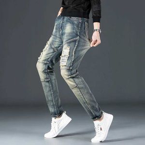 Men's Jeans Motorcycle Stretch Retro Jeans Denim Mens Fashion Brand Slim Fit Hole Washed Embroidery Pants Party Hip Hop Plus Size Y240507