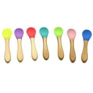 Spoons Scoop Baby 2021 Feeding Soft-Headed Silicone Spoon Wooden Handle Flatware For Toddlers And Infants