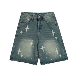 Cross Starry Stampa pantaloni a cinque parti per pantaloncini di denim a gamba bianca bianca inondato di strada da uomo.