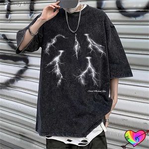 Men's T-Shirts 2024ss Wash Black Saint Michael Lightning T Men Women Vintage T-shirt Slightly Oversize Tops Short Seve H240507