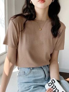 Women's T-Shirt 2024 Summer Knitted Women T-Shirts Ribbed O-neck Solid Slim Tees Shirts Fe Cotton Casual Streetwear Base Tee Tops d240507