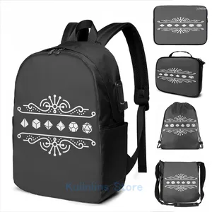 Backpack Funny Graphic Print Dice Ornamental Dice Conjunto de Necromancer Tabletop RPG Gaming USB Charge Men School Travel Laptop Bag