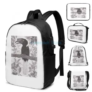 Backpack Funny Graphic Print SULU HORNBILL USB Charge Men School Bags Women Bag Travel Laptop