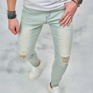 Мужские джинсы винтажные синие простые твердые отверстия скинни для мужчин брюки стильные разорванные растягиваемые мужские хлопковые брюки y240507