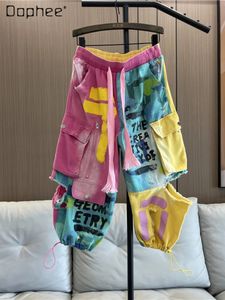 Hip Hop -jeans för kvinnor Summer Fashion Color Contrast Elastic midja Rippade overaller rak fotled bundna beskärda byxor 240506