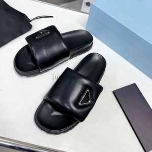 Designer Women slippers Sandals Flat Slides Flip Flops Summer genuine Triangle leather Outdoor Loafers Bath Shoes Beachwear Slippers Black White 5.7 02