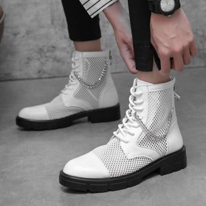 Summer 2024 New Breathable Fashion High-Top Korean Style Casual Men's Motorcycle Boots White Mesh Social Cowboy Boot