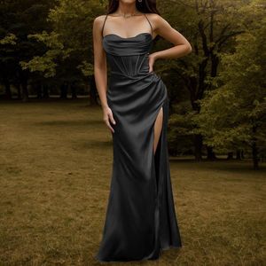 Casual Dresses Elegant Women Sexy Satin Maxi Dress Silky Strap Corset Push Up Fishbone Ruched Slit Evening Party Long For 2024