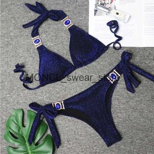 Kvinnors badkläder sexiga blå strass bikinis baddräkt fast färg kvinnlig push up bikini strand simning baddräkt kvinnor bather 2023 h240507