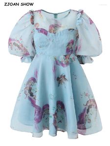Partykleider Prinzessin Blau Schönes Mädchen Blumendruck Organza Ballkleid Kleid Puff Ärmel Retro Frauen schwingen kurze Fairy Mini Robe