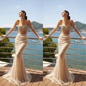 Abiti da sposa sirena con paillette scintillati abiti da sposa senza spalline sexy abito da pentola semplice lunghezza cristallina abito tromba formale