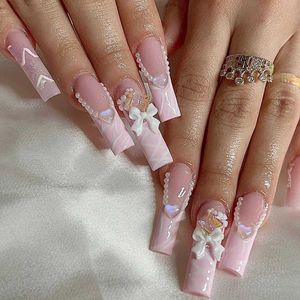 False Nails 24pcs False Nails Long Ballet Papioncino semplice con strass indossabili indicabili chiodi francese Copertina piena Pressa su unghie Punta Art T240507