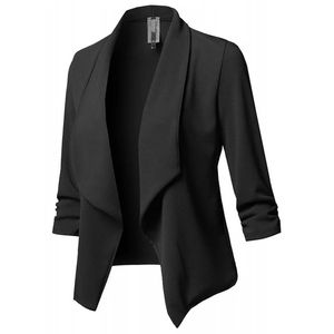 Mulheres pretas finas blazers cardigã casaco de manga longa e jaquetas ruched bercings casuais assimétricos, senhora 240426