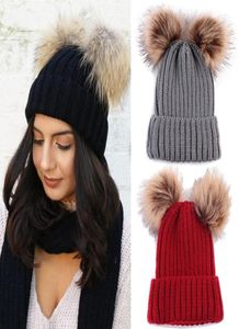 Winter Beanie Hat for Women Knitted Double Pom Pom Faux Fur Raccoon Ball Cap Bobble Skull Hats7151653