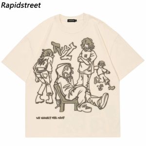 Harajuku desenho animado menina gato gato japonês kanji tam camiseta de streetwear tshirt tsshirt de verão tshirt de manga curta tees unissex 240426